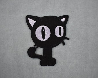 Embroidered felt black cat patch, embroidered iron-on patch