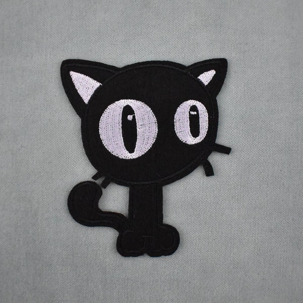 Embroidered felt black cat patch, embroidered iron-on patch