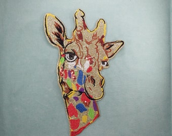 Large sequin giraffe patch, Gold embroidered badge to sew on only (20 cm x 30 cm)