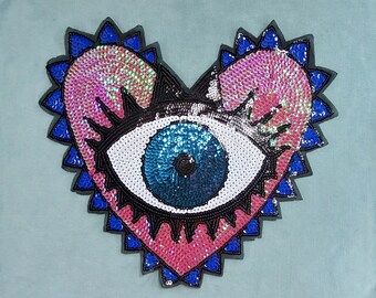 Large heart and eye patch in sequins, crest, 3 patterns, customize clothing and accessories