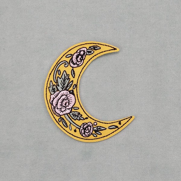 Patch Lune florale jaune thermocollant brodé, sur fer ou à coudre, customiser vêtements et accessoires