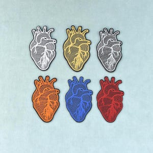 Op de afbeelding: Zes geborduurde patches in de vorm van anatomische harten, gerangschikt in twee rijen van drie. De bovenste rij bevat witte, gouden en zilveren harten, terwijl de onderste rij oranje, blauwe en rode harten toont, allemaal met zwarte randen.