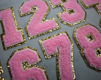 Pink chenille iron-on number patches, Embroidered number badges, Customize, Personalize