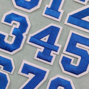 Blue number patches, embroidered iron-on number badges, to customize clothes and accessories