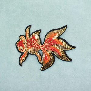Gold glitter goldfish patch, red and gold iron-on koa, embroidered iron-on patch