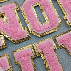 Alphabet letters patches chenille iron-on gold pink, embroidered badges, Customize, Personalize