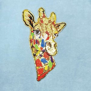 Patch grande girafe en paillettes, Écusson brodé doré à coudre uniquement (20 cm x 30 cm)