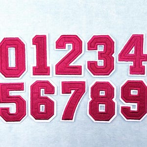 Iron-on garnet red number patches, Embroidered number patches, Customizable numbers, Personalize