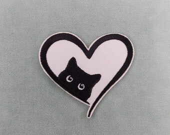 Minimalist cat heart patch, embroidered iron-on patch