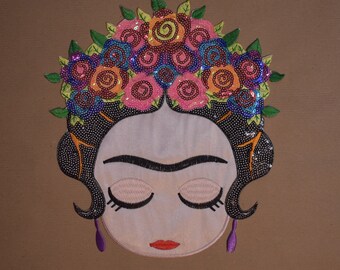 Frida portrait patch, iron-on patch embroidered with sequins, customize clothes and accessories