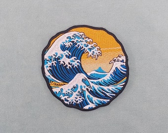 Great wave patch, embroidered iron-on raging sea badge