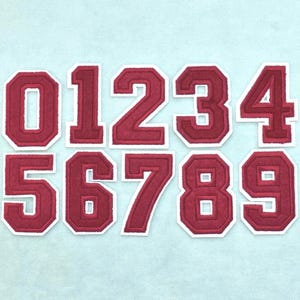 Può includere: Un set di dieci toppe termoadesive individuali che raffigurano i numeri da zero a nove in un carattere a blocchi in stile universitario. Ogni numero è realizzato in feltro bordeaux con un bordo bianco netto che ne delinea la forma.