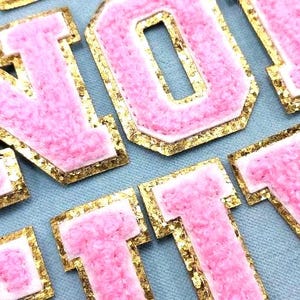 Parches de letras del alfabeto de chenilla rosa y dorada, parches bordados, personalizar, personalizar