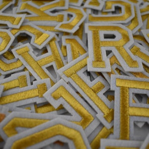 Golden iron-on alphabet letter patches, embroidered crests, Customize, Personalize