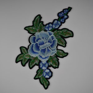 Large iron-on blue flower patch, Embroidered badge