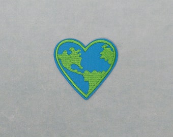 Dear Earth iron-on patch, Heart-shaped globe patch embroidered on iron