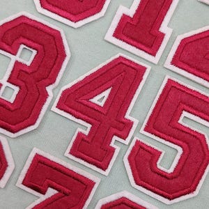 Iron-on garnet red number patches, Embroidered number badges, Customizable numbers, Personalize