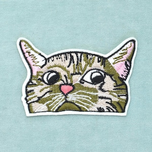 Può includere: Una toppa ricamata raffigurante la testa di un gatto tigrato con grandi occhi scuri, un piccolo naso rosa e orecchie a punta. Il gatto presenta motivi di pelo verde e marrone con riflessi bianchi, il tutto bordato da un spesso contorno bianco.