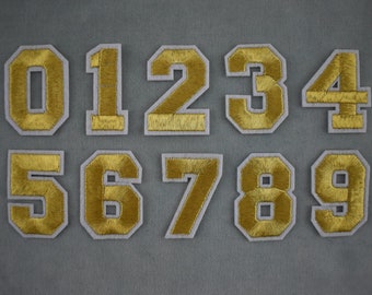 Gold number patches, iron-on embroidered number patches, to customize clothing and accessories