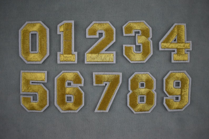 Gold figure patches, Thermosticks embroidered numbers, to custom