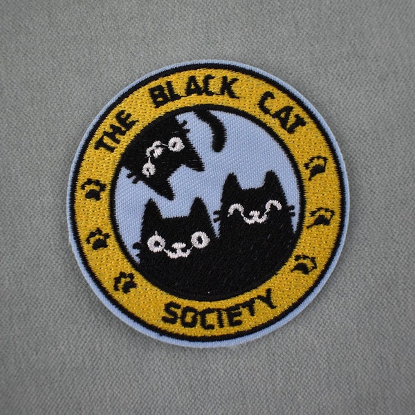 Écusson Black cat society, Patch thermocollants brodé sur fer ou à coudre, customiser vêtements et accessoires