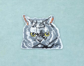 Embroidered silver cat patch, iron-on embroidered patch