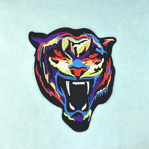 Large embroidered iron-on panther art patch, customizable emblem for clothing and accessories
