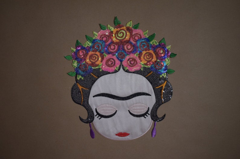 Patch portrait Frida, écusson thermocollant brodé avec paillettes, customiser vêtements et accessoires image 4