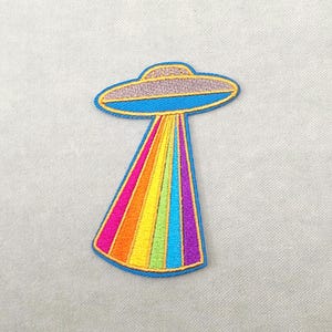 Rainbow UFO patch, iron-on or sew-on embroidered patch, customize clothes and accessories
