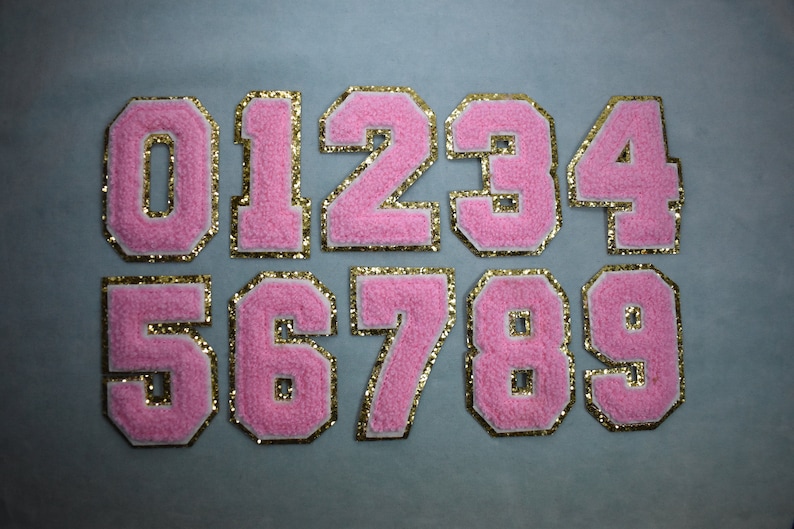 Roze chenille opstrijkbare nummerpatches, geborduurde nummerbadges, aanpassen, personaliseren afbeelding 3