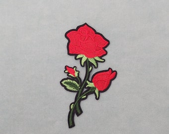 Patch rose  thermocollant brodé 6.5 cm/ 13 cm, Écussons thermocollants, customiser vêtements et accessoires