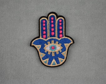 Hand of Fatma iron-on patch, Eye of providence patch embroidered golden lucky eye (4.5 cm x 6 cm)