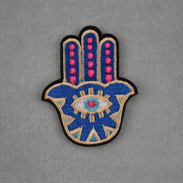 Hand of Fatma iron-on patch, Eye of providence patch embroidered golden lucky eye (4.5 cm x 6 cm)