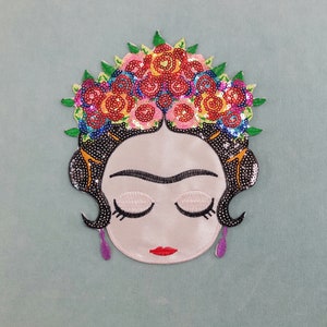 Frida portrait patch, embroidered iron-on badge with sequins, in two sizes