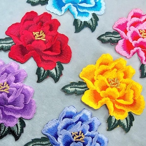 Large embroidered iron-on rose patch, 11.5 cm / 13.5 cm, in 6 colors, to customize clothing and accessories