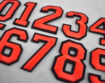 Iron-on red number patches, Embroidered number badges, Numbers to customize, Personalize