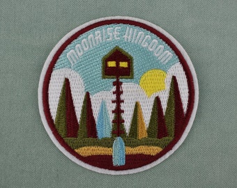 Moonrise cabin iron-on patch, embroidered badge