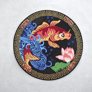 Large circular embroidered Asian fish patch, not iron-on; sew-on embroidered oriental appliqué