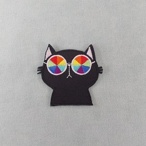 Rainbow glasses cat patch, Embroidered iron-on patch