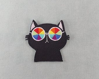 Regenboogbril kattenpatch, geborduurde opstrijkpatch