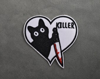Embroidered assassin cat patch, embroidered iron-on patch