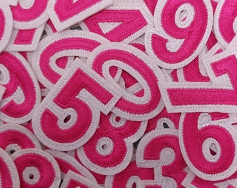 Pink number patches, iron-on patch embroidered numbers ready to compose, customize clothing and accessories