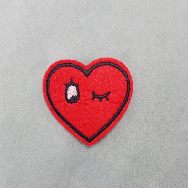 Iron-on heart wink patch, embroidered felt patch, applique, iron on embroidered patch