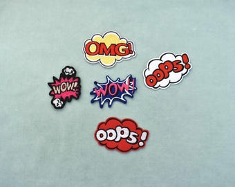 Embroidered iron-on comic strip onomatopoeia patch, 5 choices, customize clothes and accessories