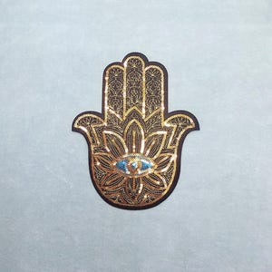 Parche termoadhesivo de mano de Fátima con purpurina dorada (21 cm x 16,5 cm)