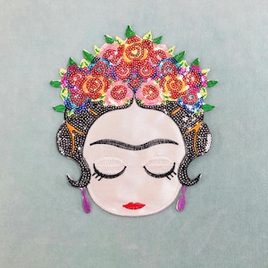 Parche con retrato de Frida, parche bordado termoadhesivo con lentejuelas, en dos tamaños
