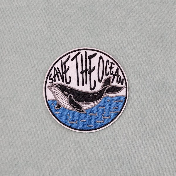 Save the ocean iron-on patch, cotton embroidered whale badge