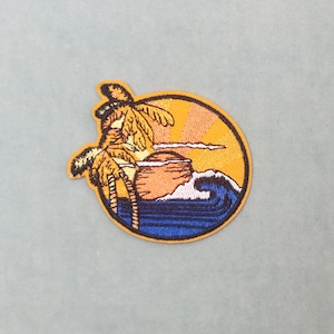 Aufnäher mit Palmenmotiv am Strand, Sonne, Meer und Wellen, gestickter Aufnäher zum Aufbügeln
