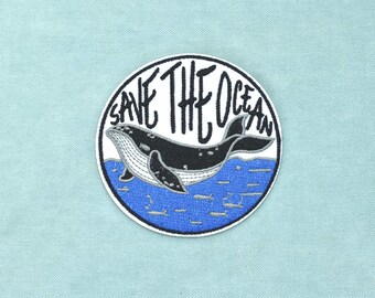 Save the Ocean strijkpatch, geborduurde walvispatch, katoen