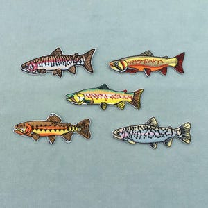 Könnte beinhalten: Fünf gestickte Fischaufnäher mit detaillierten Schuppen und Flossen. Die Sammlung umfasst eine Regenbogenforelle, eine Bachforelle, eine Bachsaibling, eine Cutthroat-Forelle und eine Goldforelle, die jeweils in lebendigen Farben dargestellt sind.